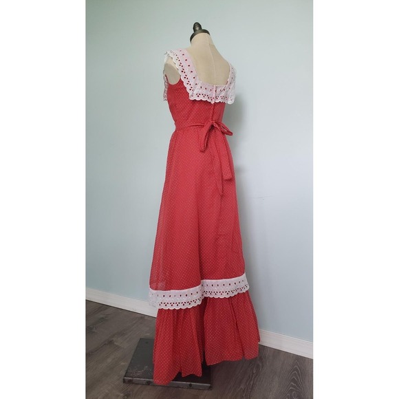 VTG 70s Jay's Maxi Dress Red Polka Dot Eyelet Lace Prairie Cottagecore Waist Tie - Picture 5 of 10